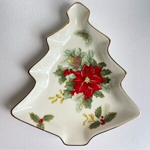 Mikasa Holiday Bloom porcelain Christmas Tree candy dish poinsettia holly pine